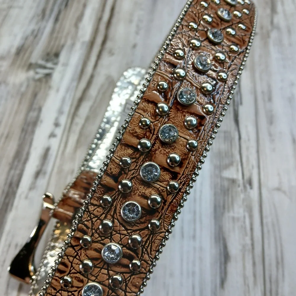 Guess Womens Brown Croc Embossed Rhinestone Studded Western Belt 947034 MOC